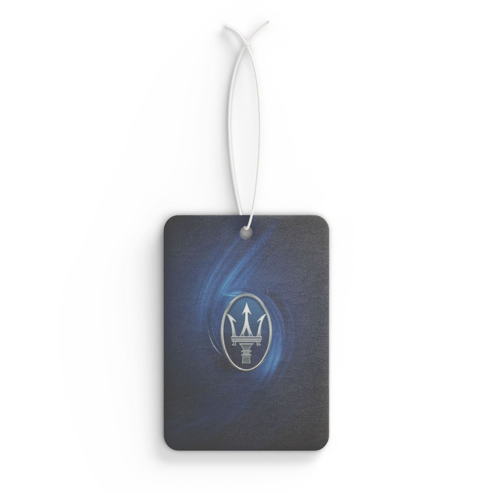 Maserati branded air freshener tag on a white background