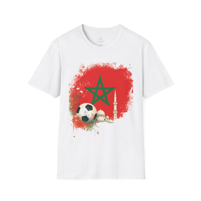 Morocco Soccer Fan T-Shirt — Moroccan Flag, Football & Mosque Graphic Tee