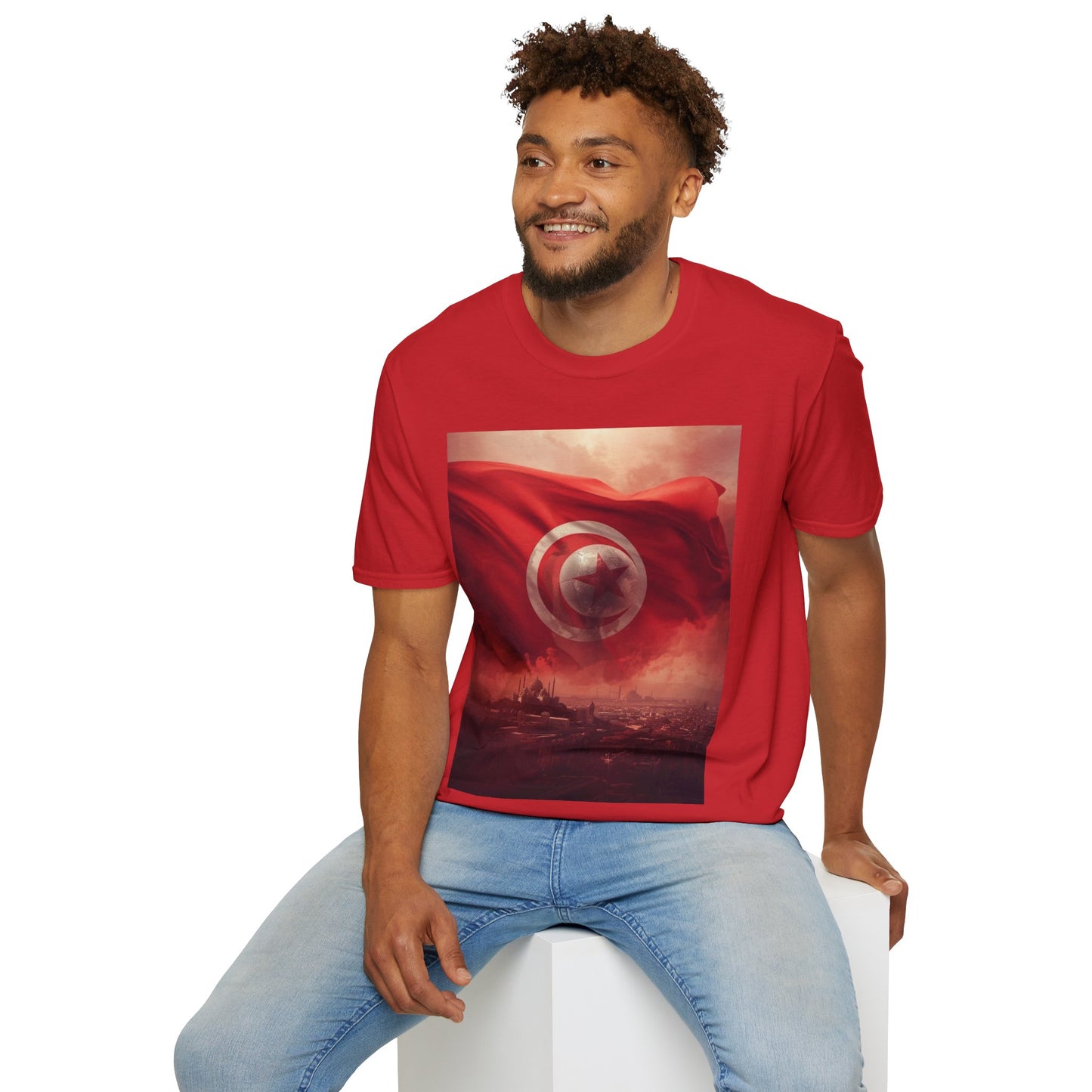 Tunisian Pride Football T-Shirt Cityscape & Waving Flag with Crescent Soccer Ball Tee
